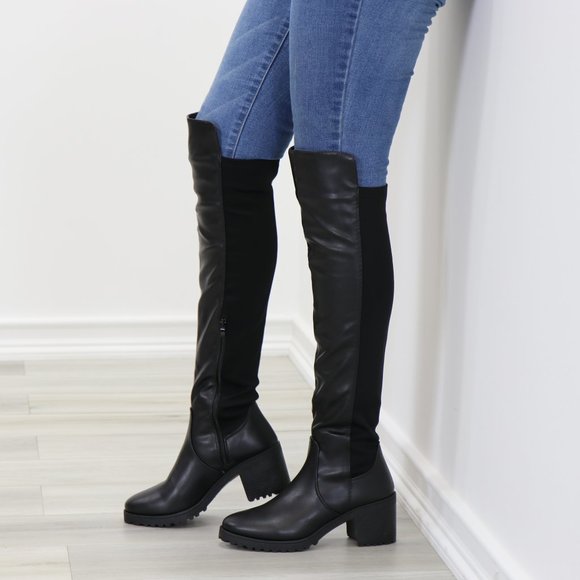 Black Over The Knee Boot Chunky Lug Heel Faux Dual Leather And Stretchy Material - Picture 10 of 15